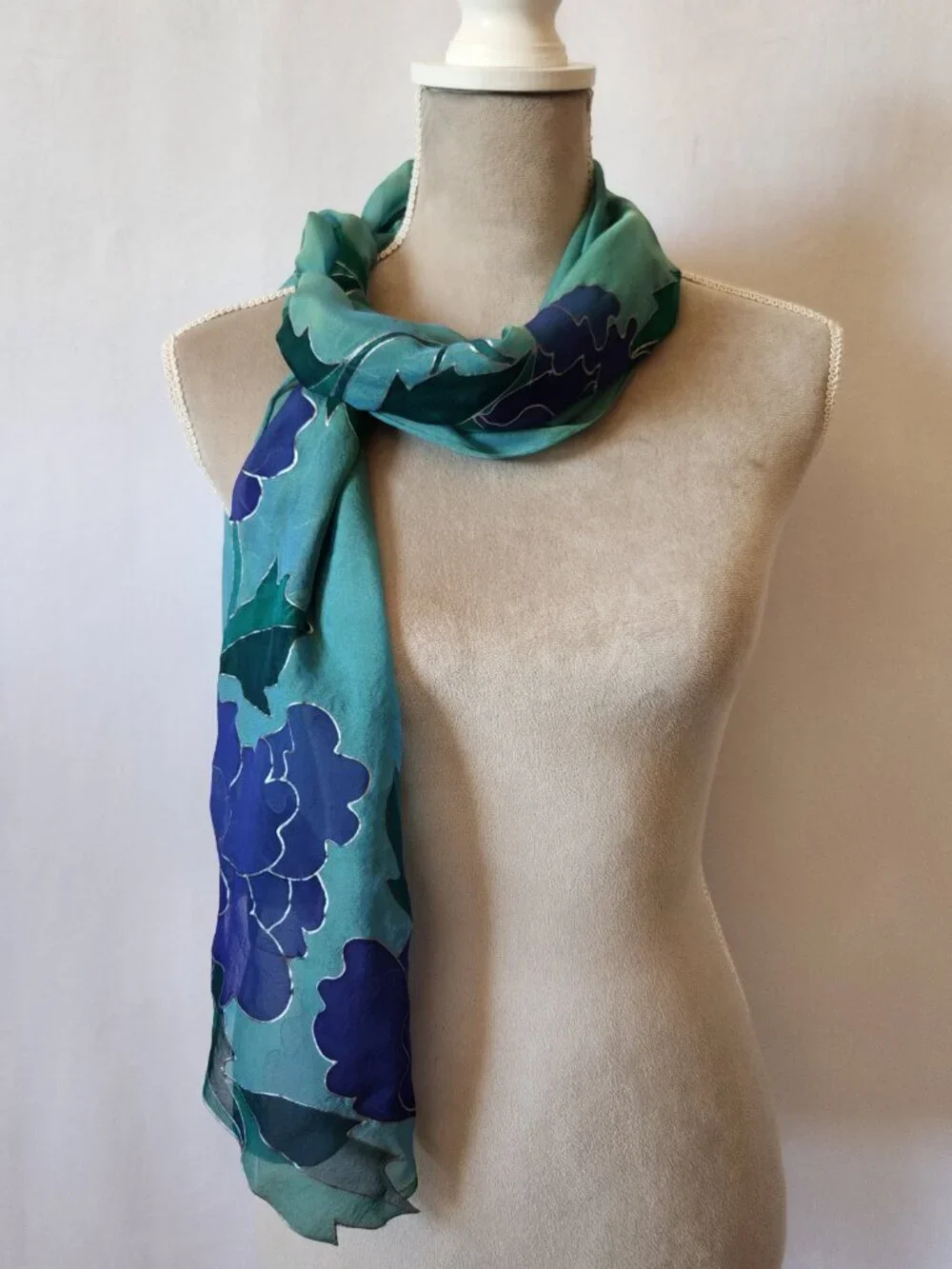 Betty Lathrop Women's Teal Purple Hand Painted Floral Sheer Silk Scarf Wrap